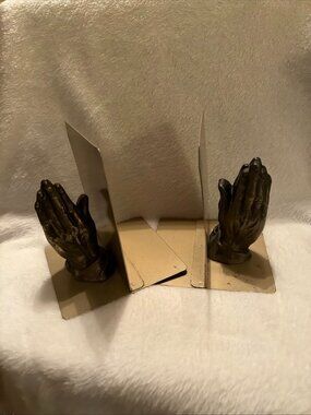Antique Metal Religious Praying Hands Pair Bookends Non-skid 1930’s Vintage. GUC